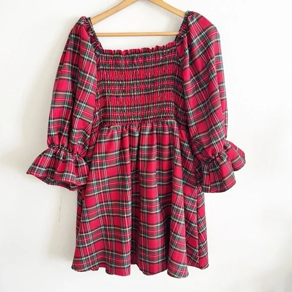 SIMPLY SOUTHERN TARTAN red PLAID smocked nap dress size large - Picture 2 of 8